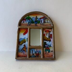 Vintage Peru Folk Art Painted Mirror Wood Frame Wall Hanging Handcrafted Decor